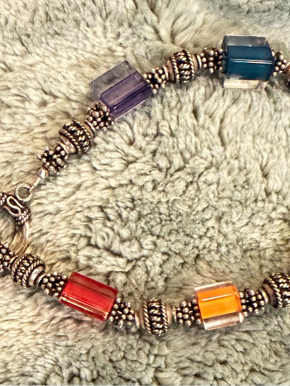 Artisan Bali Sterling Silver .925 Rainbow Crystal Cube Toggle Clasp Bracelet